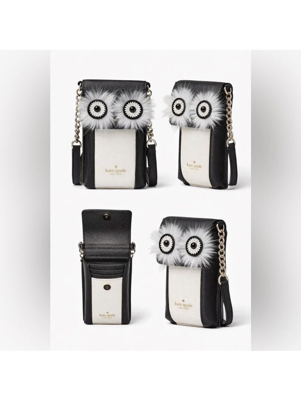 Kate Spade New York Owl Phone Crossbody Bag Black White Novelty EUC